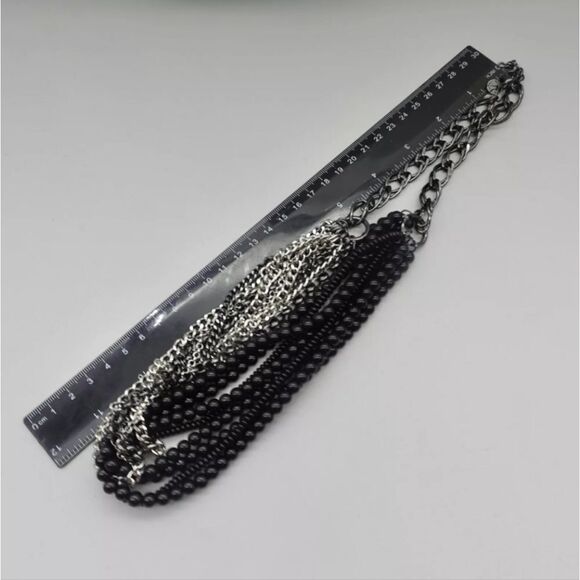 Talbots Necklace Modern Black Beaded Silver Tone Gunmetal Layered Chains 24 Inch - Picture 5 of 10